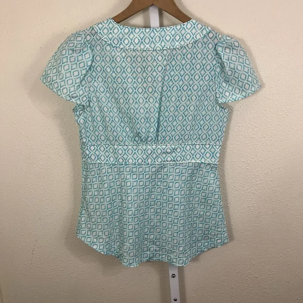 Banana Republic Silk Blouse Women’s 4 Geometric Print Puff Sleeve 2008 2000s